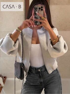 NEW💫 CASA B | Monaco Cloud Bomber| Light Gray Balloon-Sleeve Bomber Jacket